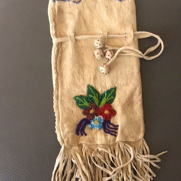 Hand Crafted Handbags - Hand Crafted Bag leather deer hide pink cotton lined bag fringe glass beads